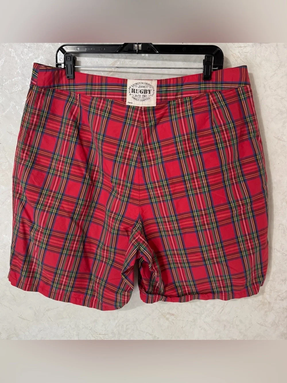 RALPH LAUREN Rugby Swim Board Shorts Red Tarten Plaid Vintage Mens Size 36
